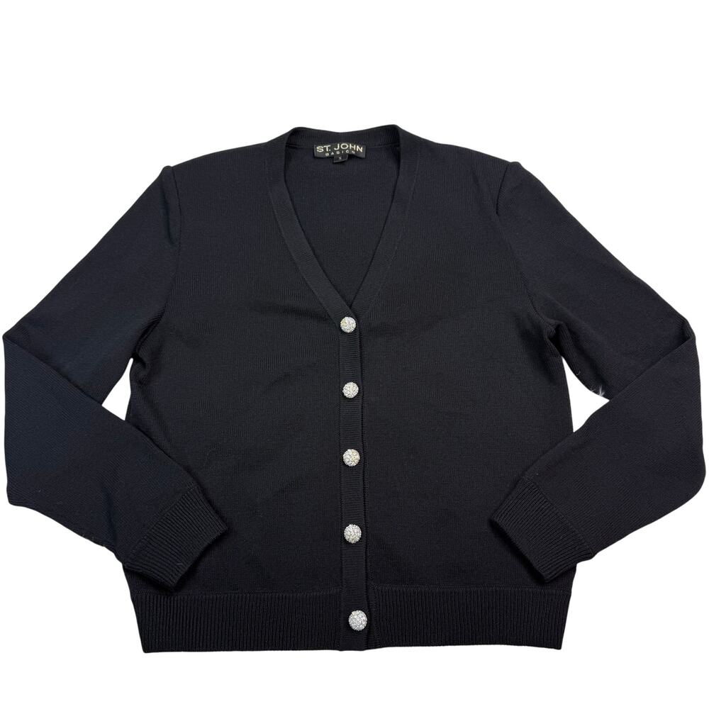 St. John Basics Santana Knit Black Cardigan Size S Jeweled Buttons Shoulder Pads